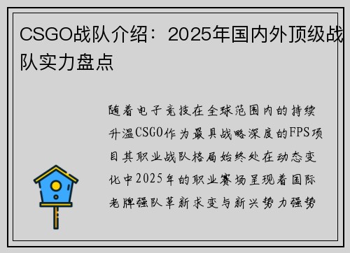 CSGO战队介绍：2025年国内外顶级战队实力盘点